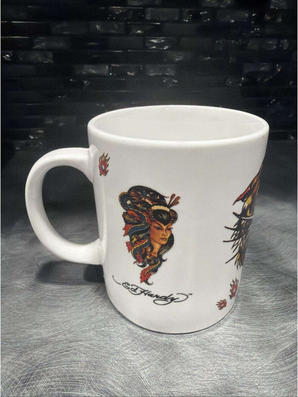 Vintage Ed Hardy 12 oz Ceramic Coffee Tea Mug Cup Tattoo Tiger & Geisha Girls